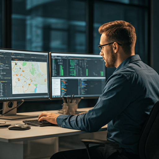 Professional logistics dispatcher in a modern office with multiple monitors