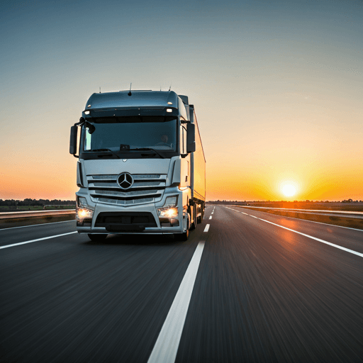 Modern semi-truck driving on a vast highway at sunset